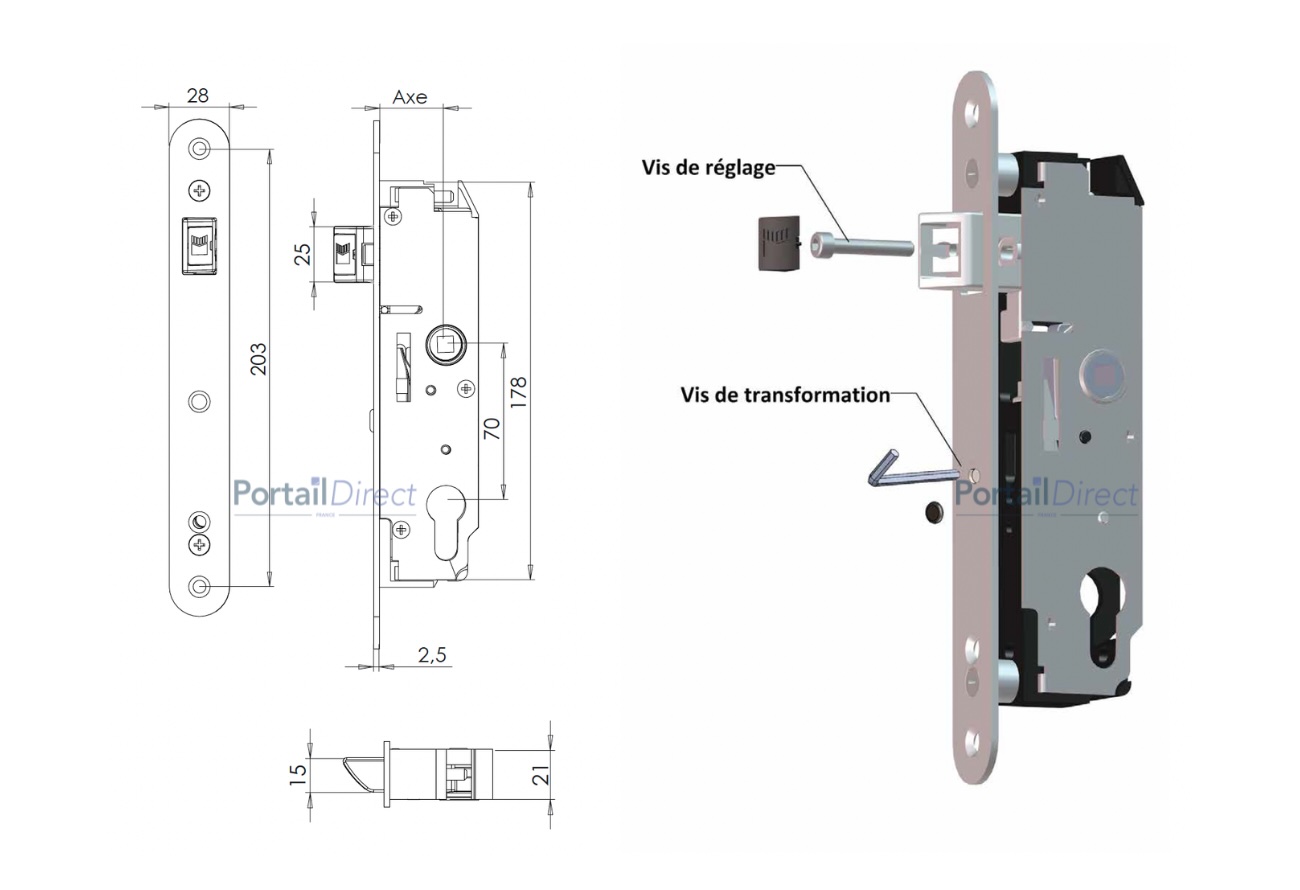 Serrure Portail Battant encastrable schema